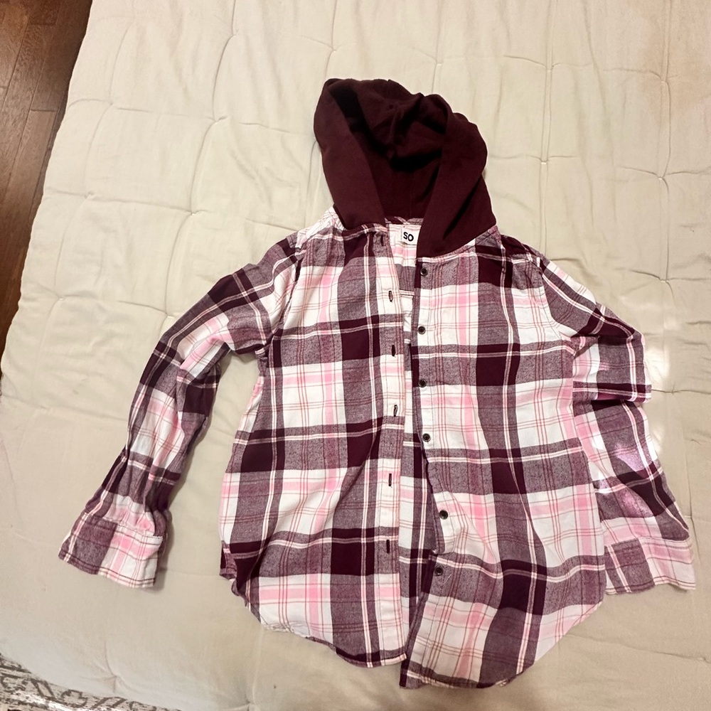 SO Pink and Burgundy Plaid Button Down Shirt with Hood